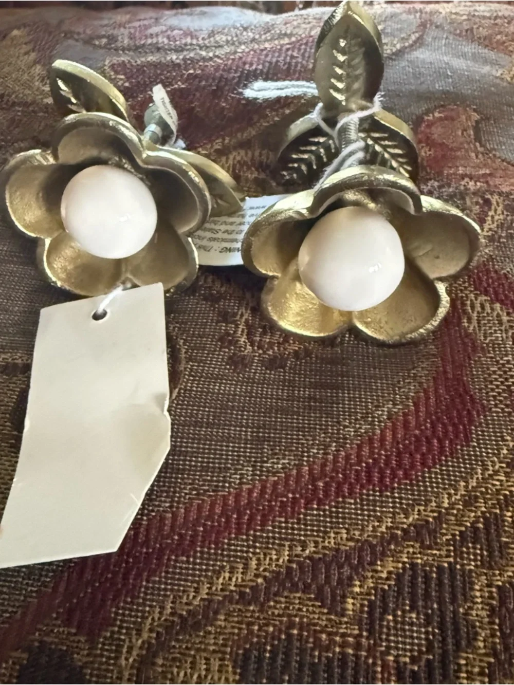 Anthropologie Gold Flower Knobs with White Center -